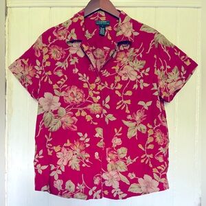 Ralph Lauren Red Floral Linen Shirt, Notched Collar, Mongrammed, sz L.